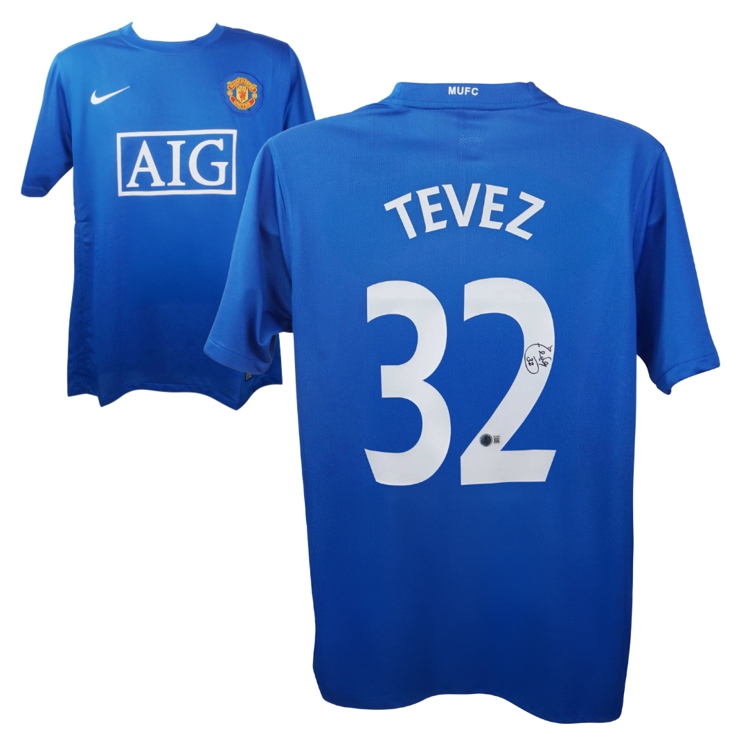 Carlos Tevez Signed Manchester Utd Away Soccer Jersey #32 with Beckett Witness